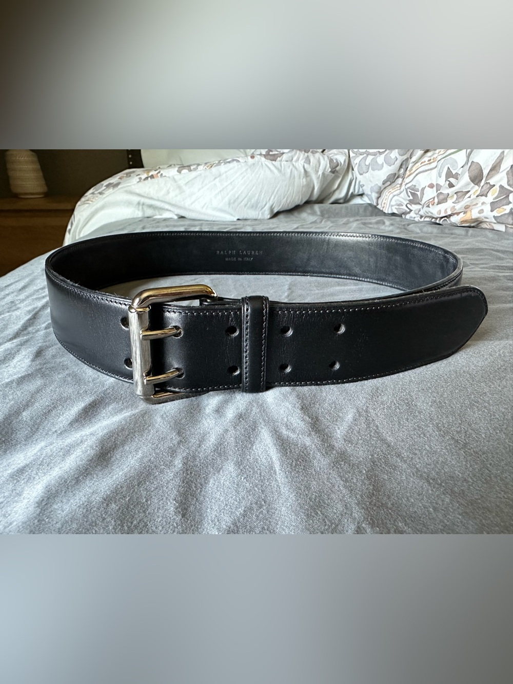 Ralph Lauren Collection Black Leather Double-Prong Belt with Silver Buckle